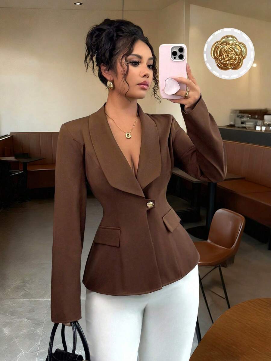 Elenzga 新款女式缺口领长袖梭织纯色前开仿口袋设计通勤休闲修身优雅年轻女士夹克，春秋季 - 棕色 - 查看 1