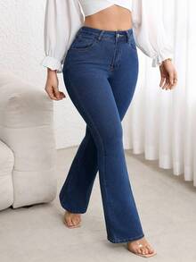 Flexra 加大码高腰修身喇叭腿水洗深蓝色牛仔裤 - 藍色 - 查看 6