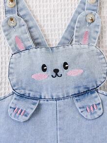 SHEIN Playful Pals 女婴可爱动物刺绣围兜和连衣裤，夏季 - 淺藍色 - 查看 5