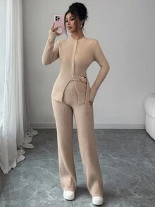 GlowEve 2pcs Women Elegant Fitted Cardigan Sweater & Pants Set, Autumn/Winter - Mocha Brown - View 3