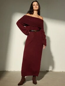 Aveloria Modichic New Loose Off-Shoulder Long Sweater Dress, Casual Chic Style - Burgundy - View 3