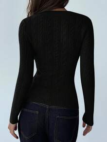 Aloruh Áo len dệt kim cáp cổ chữ V sâu tay dài thời trang mới, áo len đa năng cho phụ nữ trẻ vào mùa thu/đông - màu đen - Xem 2