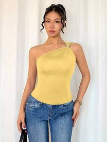 Rafferiza 女式黑色性感金属褶皱无袖紧身衣 - 淡黃色 - 查看 4