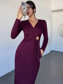 Firerie Women's Christmas  Solid Color Overlap V-Neck Batwing Sleeve Pleated Elegant Dress Elegant Dresses For Party Elegant Christmas Clothes For Women New Year Clothes - Red Violet - View 7