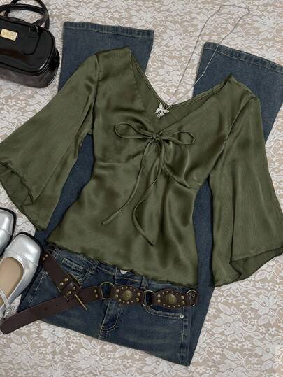 INAWLY Women's Autumn Simple Solid Color Front Tie Flare Sleeve Shirt