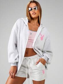 Missguided x Playboy 全拉链连帽衫，配有抽绳兜帽和中央口袋休闲运动衫 - 淺灰色 - 查看 2