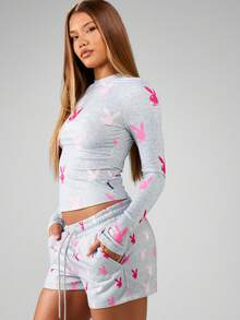 Missguided x Playboy 兔子印花抽绳慢跑短裤，适合家居服，夏季休闲舒适睡衣，家居服 - 彩色 - 查看 3