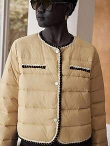 Lumivelle 女式卡其色短款羽绒服，纽扣开合，针织拼布边饰，冬季保暖 - 卡其色 - 查看 7