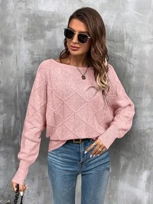 SHEIN LUNE 女式休闲纯色蝙蝠袖圆领毛衣，秋冬 - 粉色 - 查看 5