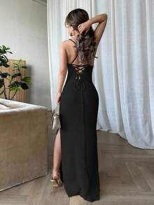 Jemour Women's Casual Elegant Fashion Sexy Criss-Cross Backless Split Hem Bodycon Midi Knit Slip Dress - Black - View 2