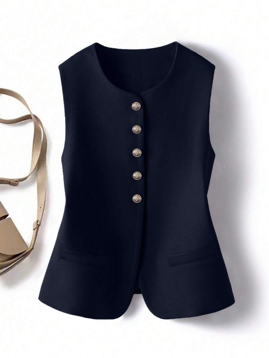 GlowEve 复古优雅休闲圆领开襟女式上衣 - 寶藍色 - 查看 1