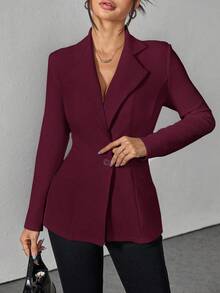 SHEIN PETITE Lapel Neck Single Button Blazer Office Wear Women Burgundy Blazer Women In Fall/Winter - Burgundy - View 7