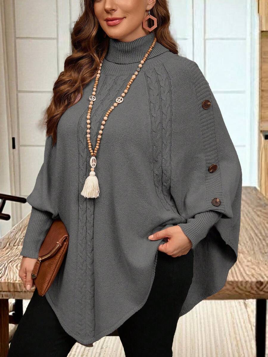 EMERY ROSE Women's Solid Color Knitted Button High Neck Batwing Long Sleeve Cape Style Fitted Elegant Sweater, Autumn/Winter - Grey - View 1