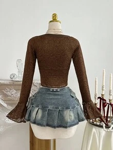 SHEIN Unity 露肩蕾丝长袖修身女式衬衫 - 棕色 - 查看 5