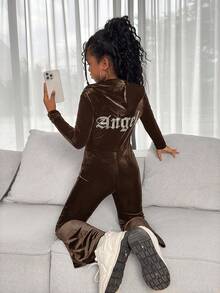 SHEIN Tween Girl Autumn And Winter Casual Fashion All-Match Knitted Velvet Hooded Zipper Back Rhinestone Slim Flared Jumpsuit Trousers, Weekend, Casual Outing, Holiday Party, Christmas - Brown - View 5