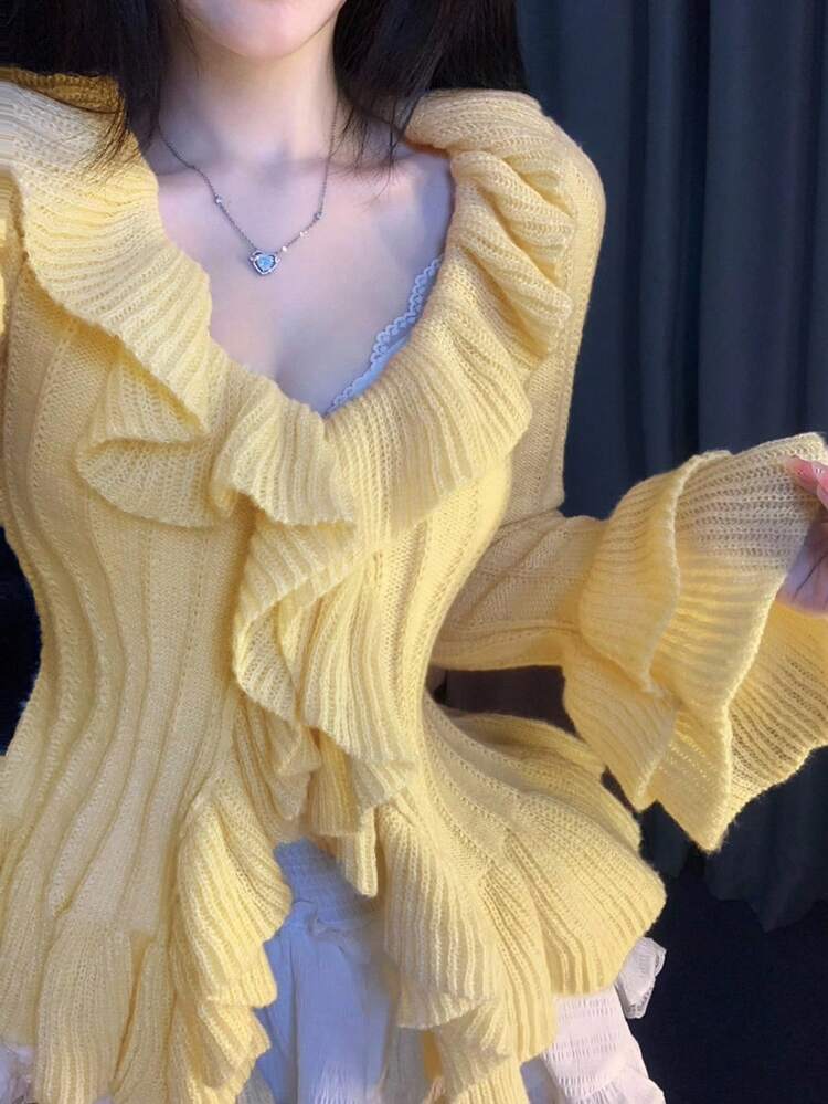 Women's Autumn/Winter Colorful Yellow Tight Knit Top With Layered Ruffle Trim, V-Neck, Bell Sleeves