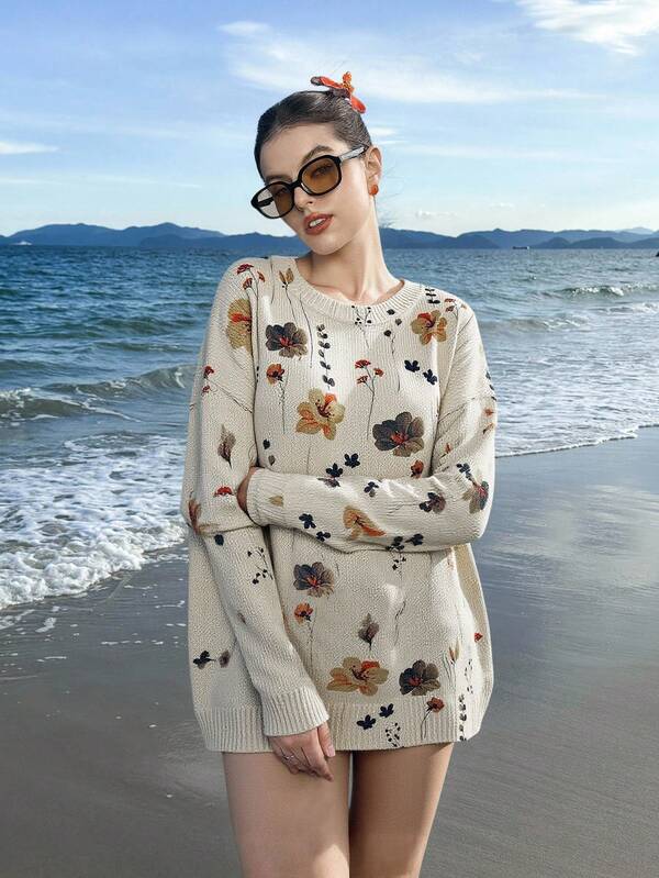 Veykashi Pullover in Große Größen mit liebevollem Aquarell Blumenmuster