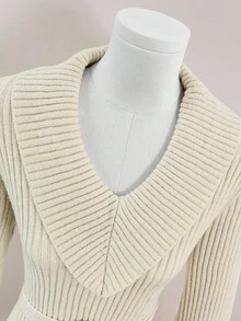 Franclia Women's Winter Solid Color V-Neck Long Sleeves Metal Buckle Belt Waist Elastic Knitted Pullover Sweater, Winter Cozy Fall And Winter - Apricot - View 3