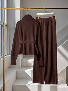 Franclia 2件套女士高端优雅针织毛衣，白色，秋冬 - 咖啡棕 - 查看 2