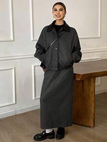 Livesso Women's Autumn/Winter Wool Blend Jacket And A-Line Skirt Two Pieces Suit, Loose Fit Business Casual Commuter Fashion