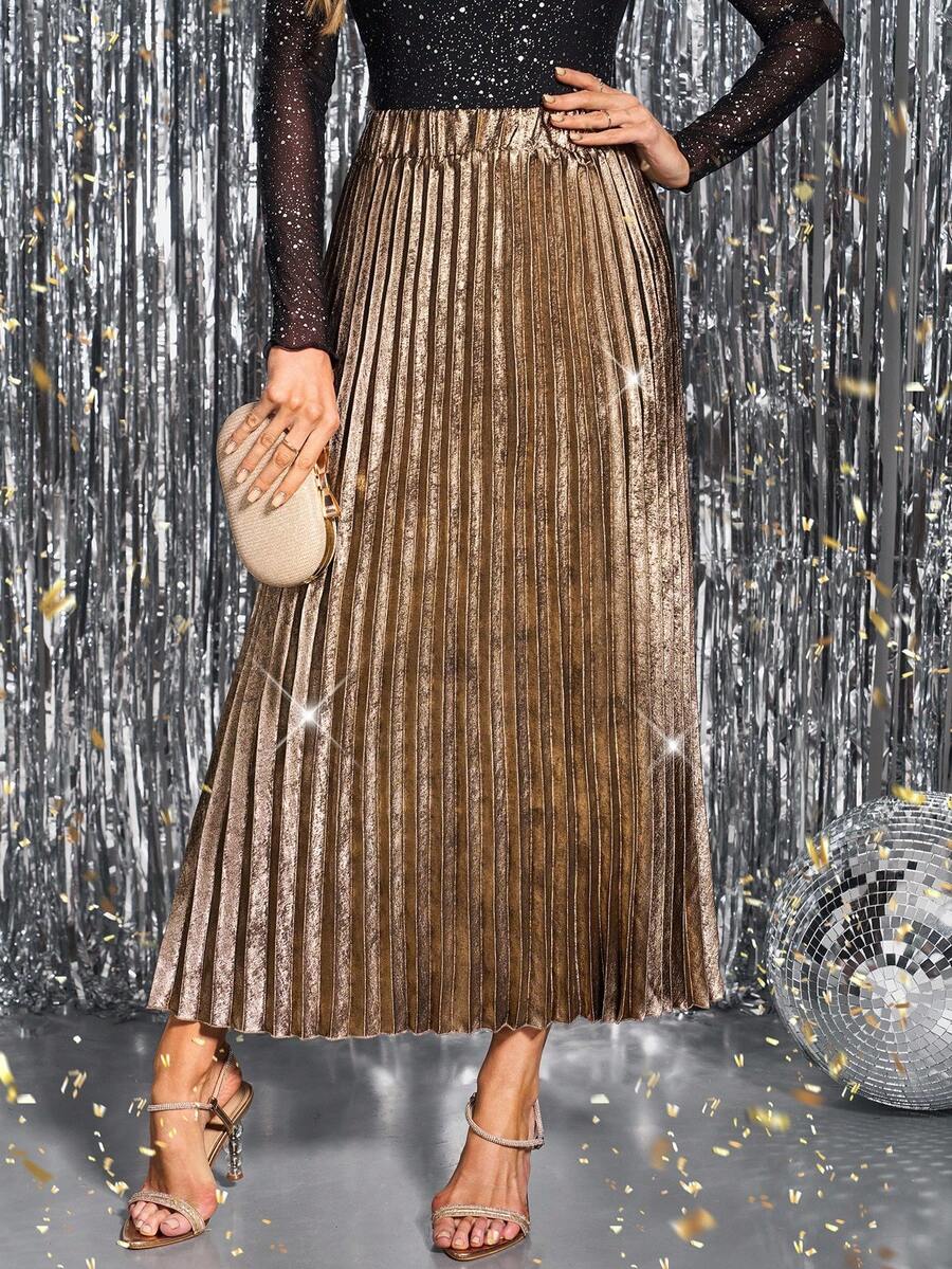 SHEIN Clasi 女士百褶裙，涂层闪亮金色面料，优雅日常穿着，节日，派对，收腰，修身，长裙，秋冬 - 金色 - 查看 1
