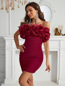 SHEIN Belle Women's Elegant Ruffle Layered Fitted Bandeau Dress, Suitable For Party - Burgundy - View 5