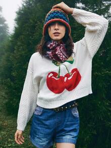 Bohemela Suéter Boho Estilo Americano com Estampa de Cereja para Mulheres, Outono/Inverno