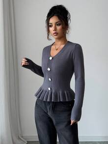 SHEIN Elenzya Slim Fit Ruffle Trim Button Closure Long Sleeve Solid Color Versatile Women Sweater - Grey - View 7