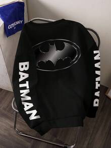 BATMAN X SHEIN Men's Bat And Letter Graphic Pullover Sweatshirt Black Graphic Hoodies Sweatshirts