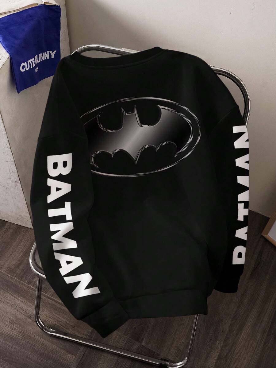 BATMAN X SHEIN Men's Bat And Letter Graphic Pullover Sweatshirt Black Graphic Hoodies Sweatshirts