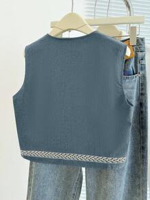 Franclia 女式花卉刺绣前开轻便背心夹克 - 藍色 - 查看 2