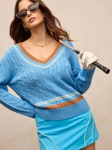 Activina Damski sweter sportowy do golfa i tenisa, z dekoltem w serek i kontrastowymi paskami, obniżonymi ramionami i luźnym splotem warkoczowym