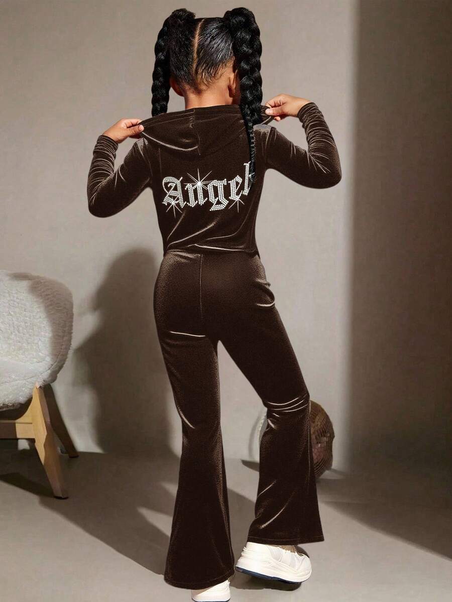 SHEIN Tween Girl Autumn And Winter Casual Fashion All-Match Knitted Velvet Hooded Zipper Back Rhinestone Slim Flared Jumpsuit Trousers, Weekend, Casual Outing, Holiday Party, Christmas - Brown - View 1