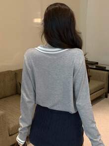 DAZY 女式条纹高领长袖休闲毛衣，秋冬 - 灰色 - 查看 4