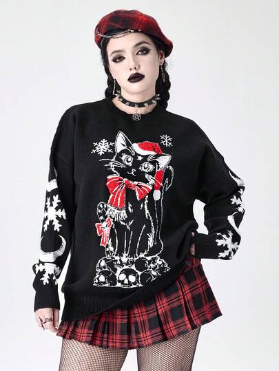 Goth Chandail ample à intarsia de squelette de chat mystérieux et sombre gothique pour Noël