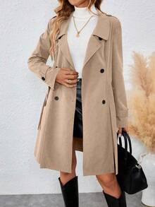 SHEIN PETITE Elegant Commuter Fashion Versatile Autumn/Winter Women's Turndown Collar Double-Breasted Slant Pocket Long Sleeve Waist Cinched A-Line Slim Fit Trench Coat - Khaki - View 6
