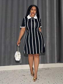 Slaydiva Đầm len ngắn in họa tiết thời trang thường ngày dành cho nữ cỡ lớn - màu đen - Xem 4