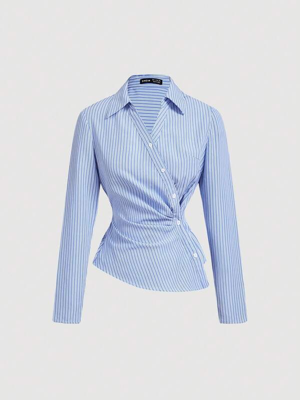 SHEIN MOD Women's Blue & White Striped Turndown Collar Fold-Over Long Sleeve Business ,Business Casual Women,90s Outfit,Fall Clothing, Clothes,Business Casual Women,Back To School,Women Blouses,Going Out Tops,Long Sleeve Shirt,Work Women Blouses Valentine's Day