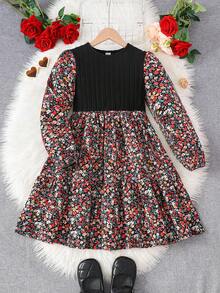 SHEIN Tween Girl Floral Print Round Neck Lantern Sleeve Ruffle Hem Dress, Autumn Winter,Party Wear, Daily Wear School Daily, Birthday
