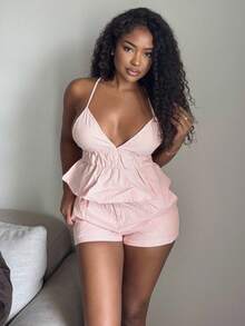 Alexandranx 女士休闲条纹吊带背心和短裤套装，夏季 - 橘色 - 查看 1