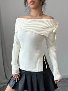 SHEIN PETITE 女款優雅甜美蝴蝶結露肩純色修身套頭毛衣，聖誕節、新年、感恩節禮物，適合嬌小女性 - 白色 - 查看 5