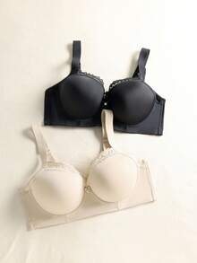 SHEIN 2pcs Plus Size Lace Patchwork Wireless Bra With Wide Straps, Comfortable & Supportive, Lift - Multicolor - View 1