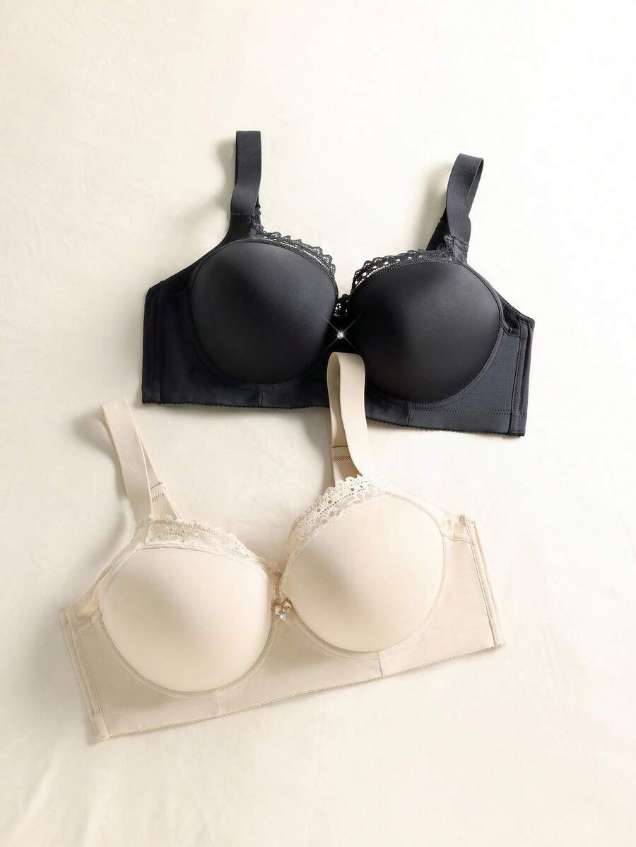 SHEIN 2pcs Plus Size Lace Patchwork Wireless Bra With Wide Straps, Comfortable & Supportive, Lift - Multicolor - View 1