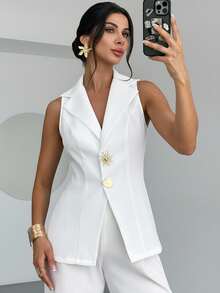 Firerie Áo vest blazer thời trang mới thanh lịch, tối giản, sang trọng, thường ngày, đa năng, đi làm, có khóa kim loại, không tay, màu tím nhạt, mùa hè - trắng - Xem 1