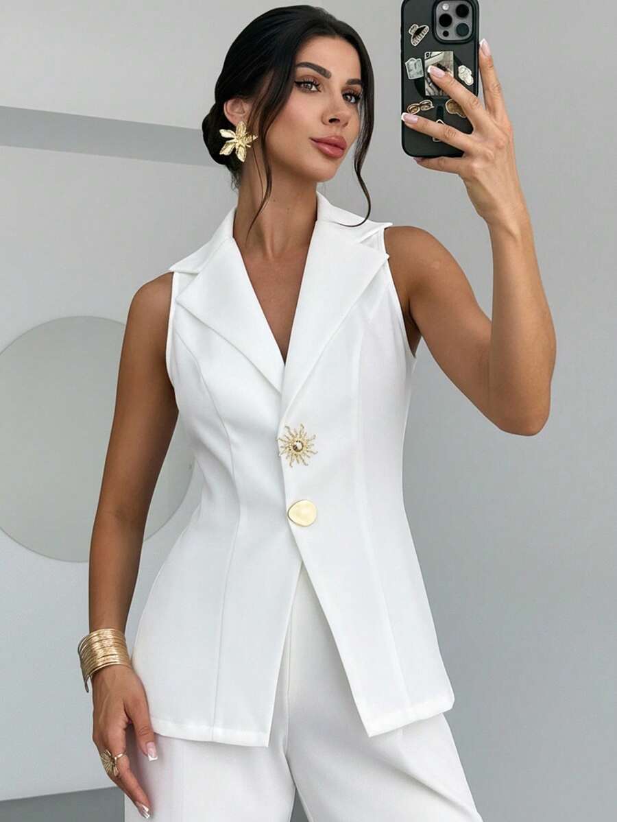 Firerie Áo vest blazer thời trang mới thanh lịch, tối giản, sang trọng, thường ngày, đa năng, đi làm, có khóa kim loại, không tay, màu tím nhạt, mùa hè - trắng - Xem 1