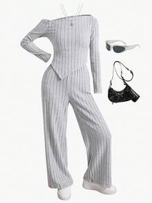 SHEIN 2 件套青少年女孩斜肩罗纹修身长袖上衣 + 直筒裤套装 - 灰色 - 查看 7