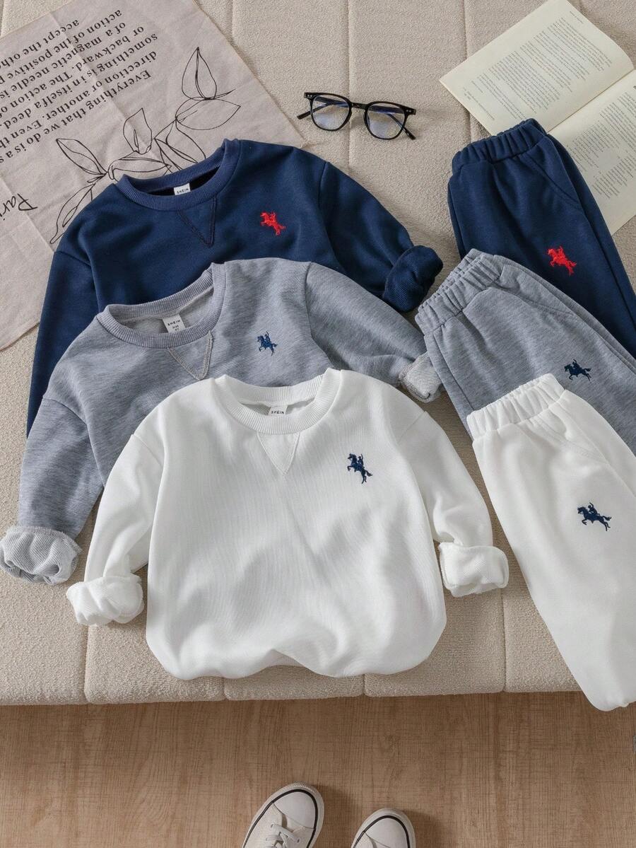 Genkimix Kids 3件套男童时尚简约加厚卫衣套装，骑士刺绣拼接套头衫和运动裤6件套 - 彩色 - 查看 1