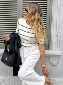 Serisse Blusa de punto casual de cuello redondo y manga corta a rayas para mujer