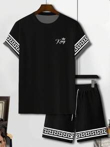 Manfinity Roughcore 男士撞色几何字母印花短袖T恤和短裤套装 - 彩色 - 查看 2
