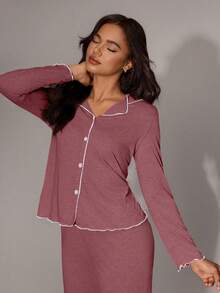 SHEIN Set casual e morbido di top a maniche lunghe con volant e pantaloni larghi e leggeri in maglia estiva color cachi. Set pigiama in maglia bordeaux. Set pigiama in maglia, completo da casa a maniche lunghe, abbigliamento autunno inverno per donna.